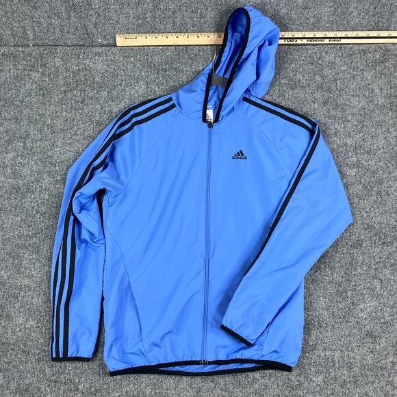 Adidas Jacket Women's S Blue Black 3-Stripes Full Zip Hooded Windbreaker - Picture 1 of 8